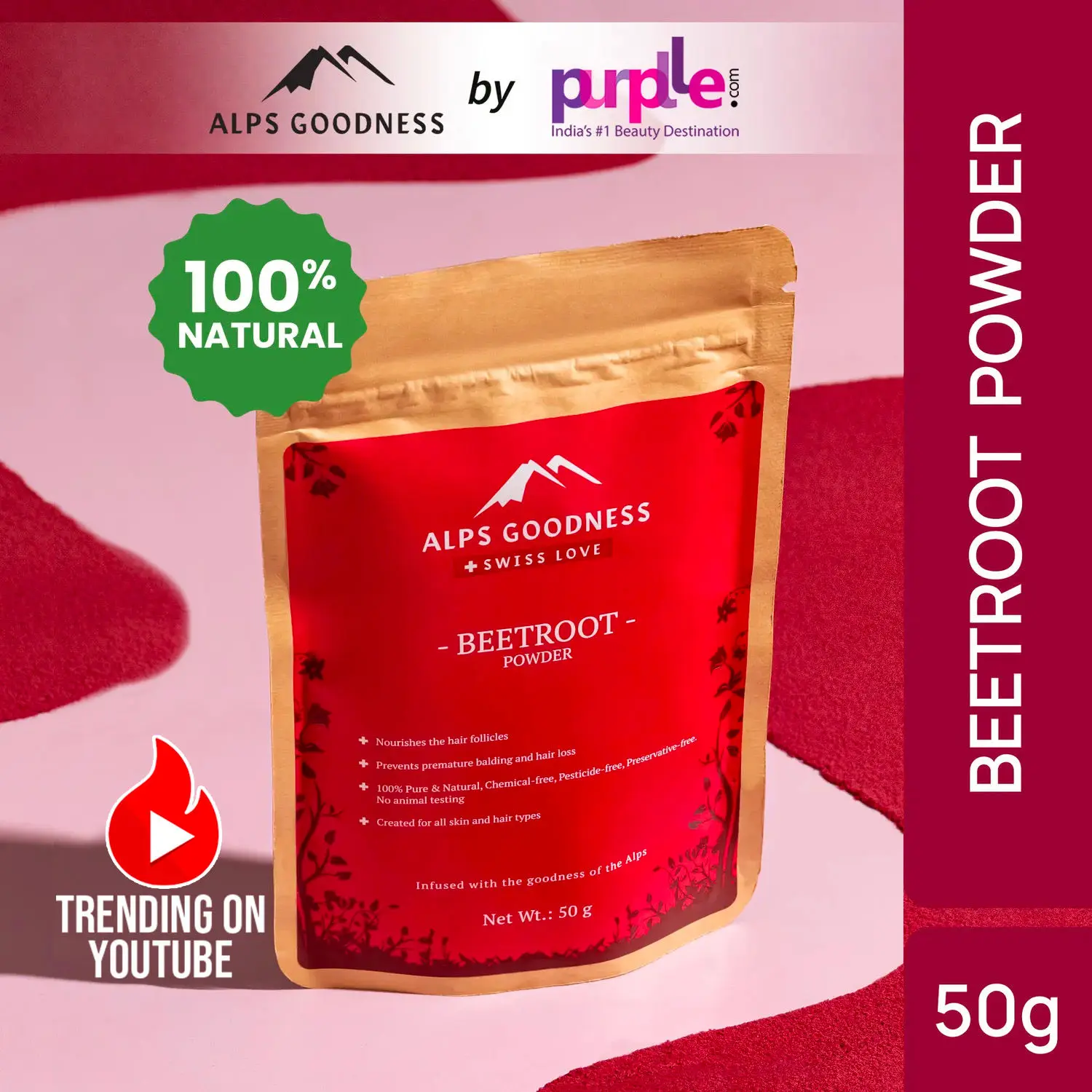 Alps Goodness Powder - Beetroot (50 g) | 100% Natural Powder | No Chemicals, No Preservatives, No Pesticides | Hair Mask or Face Mask | Nourishes hair follicles | Face Pack for brightening skin | Hair Spa