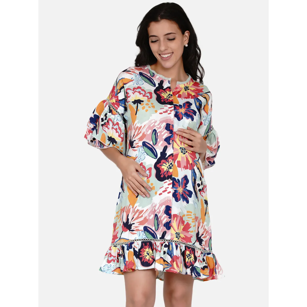 The Kaftan Company Brushed Flora Ruffled Maternity And Nursing Dress Multi-Color (2XL)