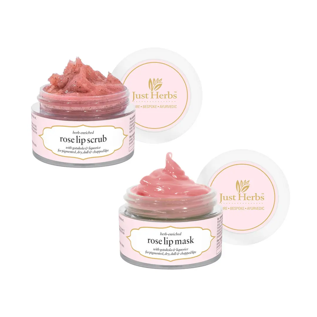 Just Herbs Ayurvedic & Vegan Rose Lip Scrub & Lip Mask duo pack for Chapped, Pigmented & Dark lips (30 g)
