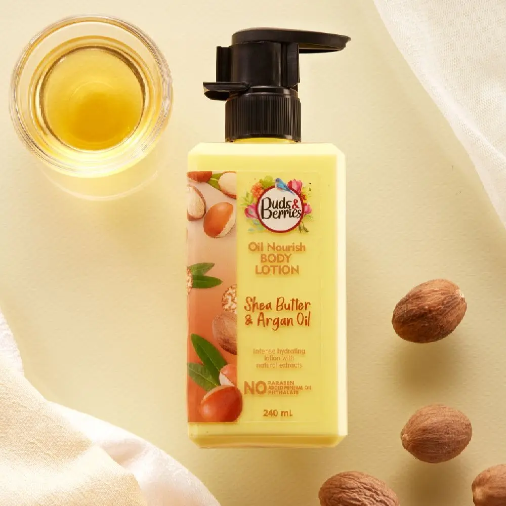 Buds & Berries Fruit Nourish Shea Butter and Argan oil Body Lotion, Rich Moisturisation, Normal to Dry skin, No Paraben - 240 ml