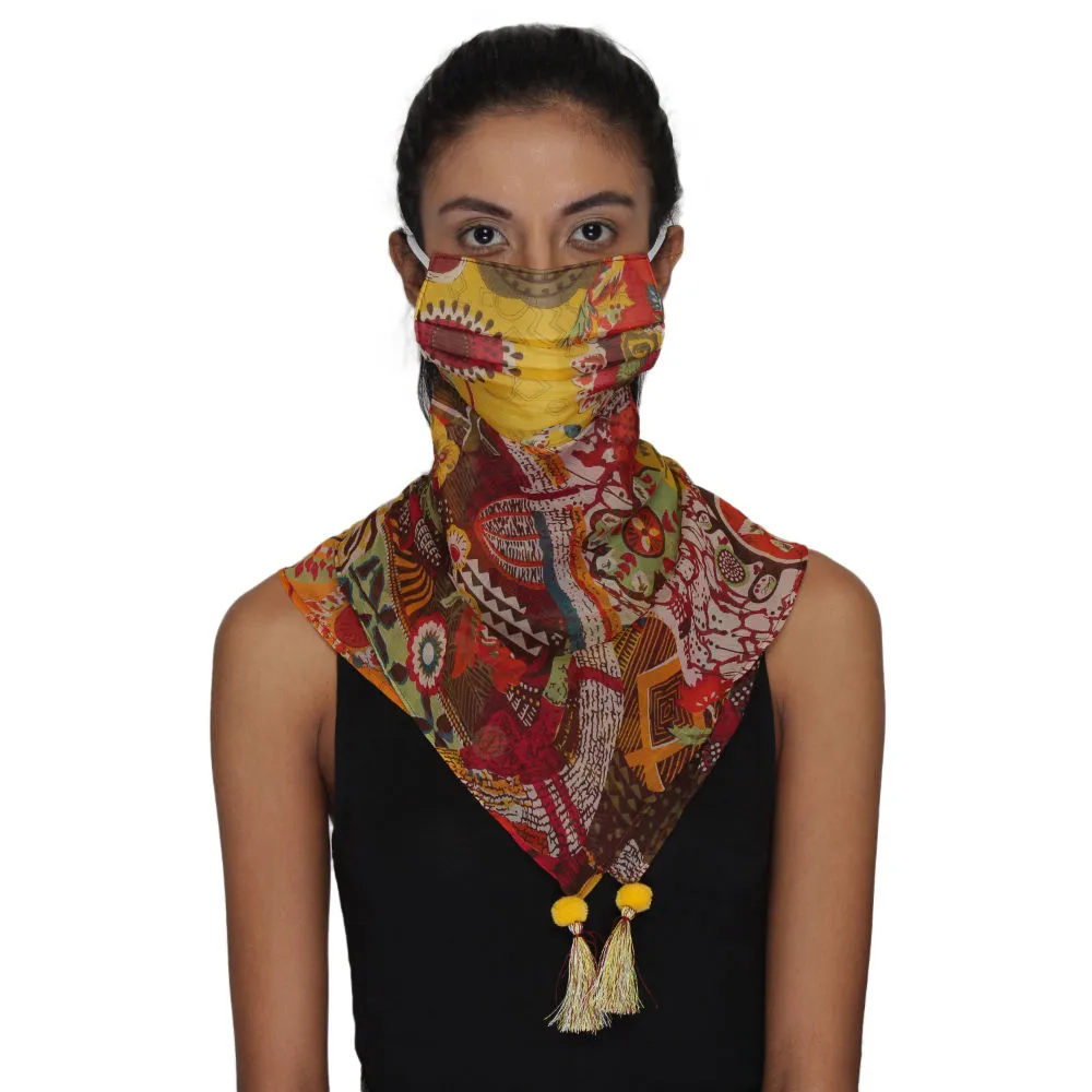 Anekaant 3-Ply Reusable Yellow & Multi Poly Chiffon Printed Tesselled Scarf Style Fashion Mask