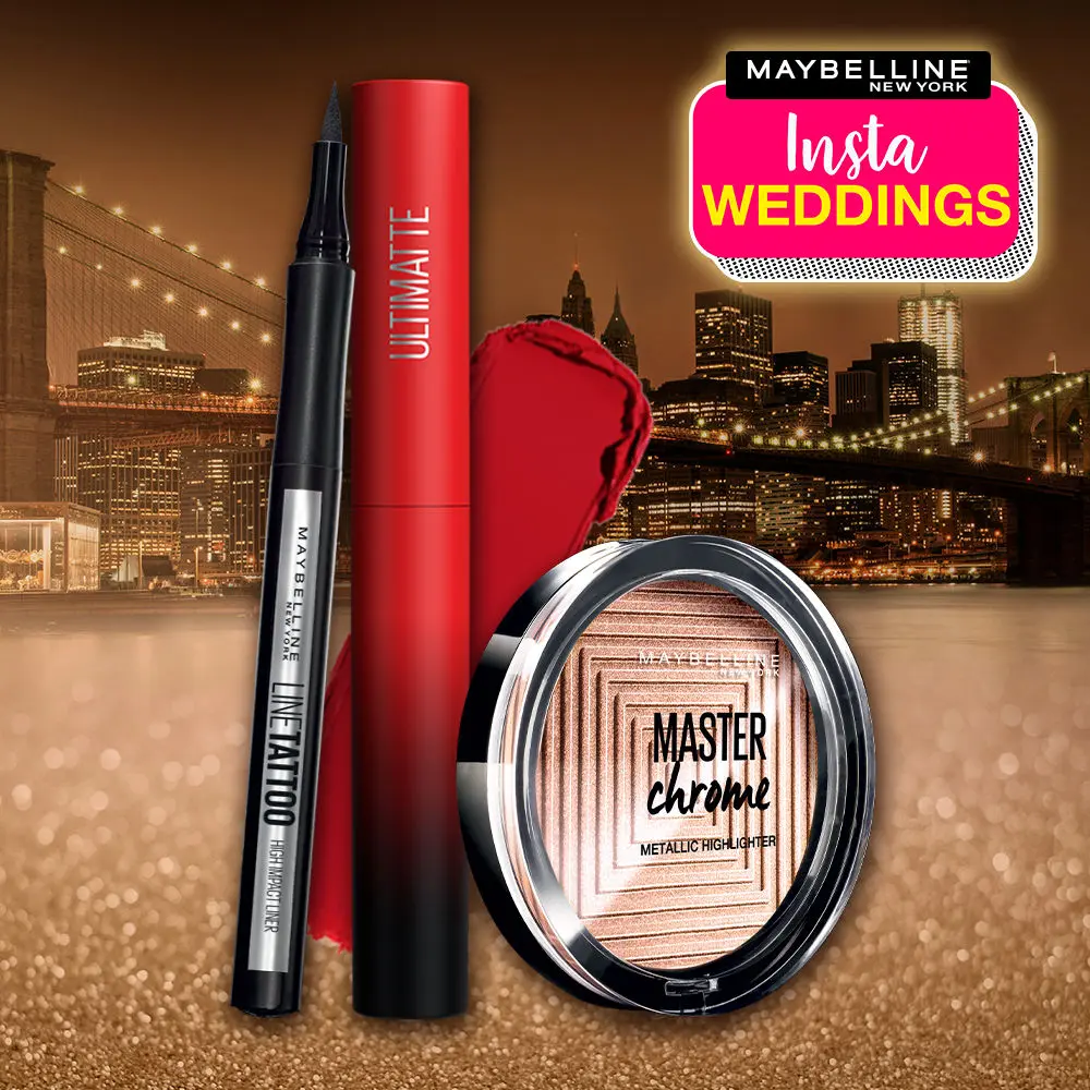 Maybelline New York InstaWeddings Dazzling Cocktail Combo - Pack of 3 (Ultimatte Lipstick -199 More Ruby, 1.7g + Line Tattoo High Impact Liner, 1g + Master Chrome Highlighter - 100 Molten Gold, 6,7g)