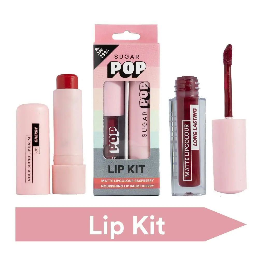 SUGAR POP Matte Lipcolour - 04 Raspberry + Nourishing Lip Balm - 02 Cherry Lip Kit (4.5 g + 1.6 ml)