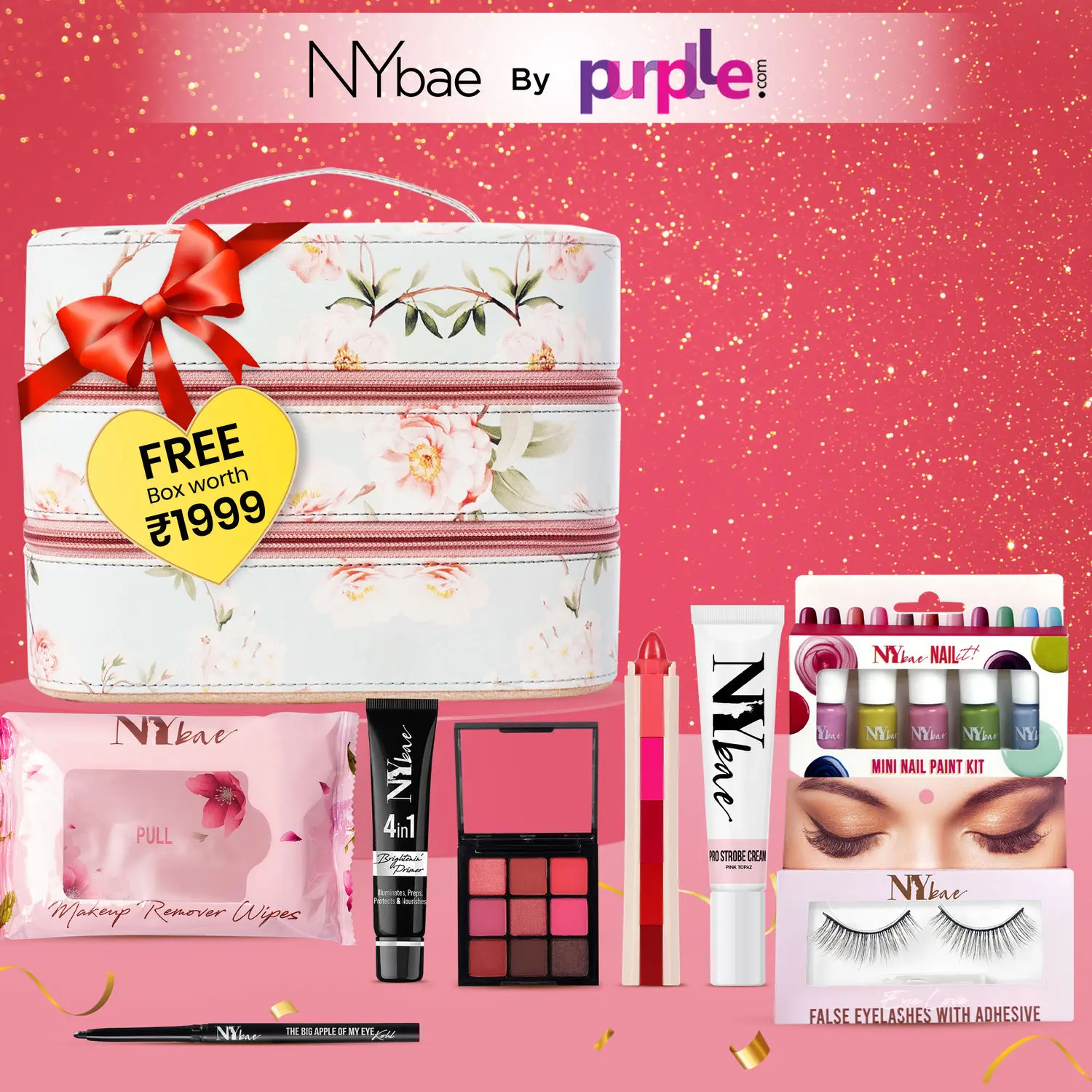 Ny Bae By Purplle - Festive Glow Kit | Strobe Cream | Kajal | Primer | Nail Paint Kit | Makeup Remover | Eyeshadow | Lipstick | Free Make Up Box | Gift Set