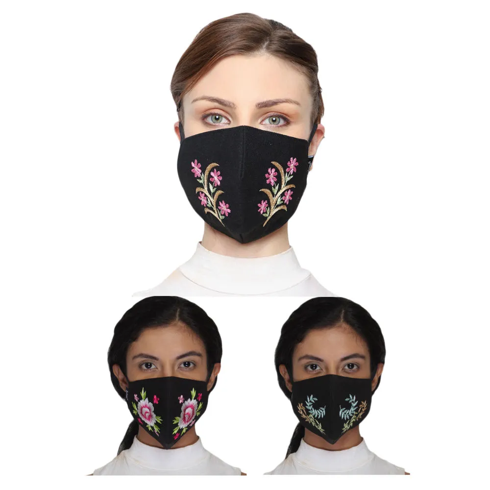 Anekaant Pack Of 3 Black & Multicolor 3-Ply Reusable Cotton Embroidered Fabric Fashion Mask