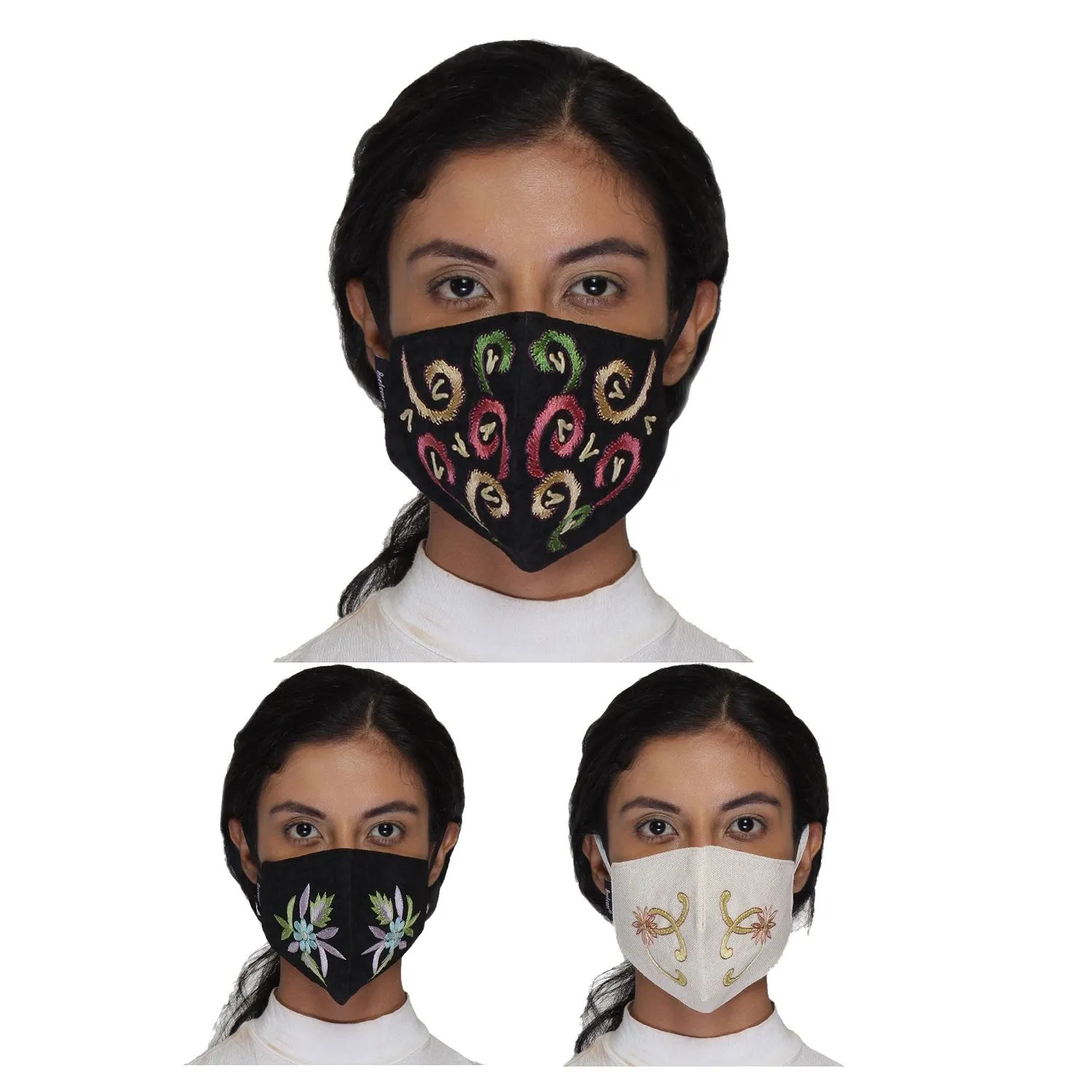 Anekaant Multicolor Reusable 3-Ply Cotton Embroidered Fabric Fashion Mask (Pack Of 3)