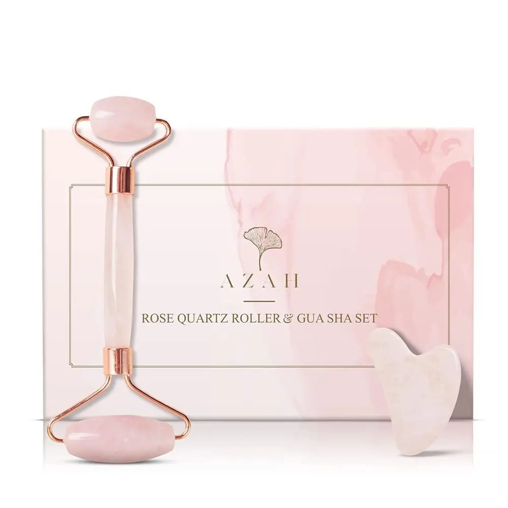 Azah Rose Quartz Face Roller & Gua Sha Set | Massager for Face, Eye, Neck etc | 100% Natural Rose Quartz | Reduce Dark Circles & Wrinkles | Skin Toning & Tightening | Use Anywhere | Pink Jade Roller