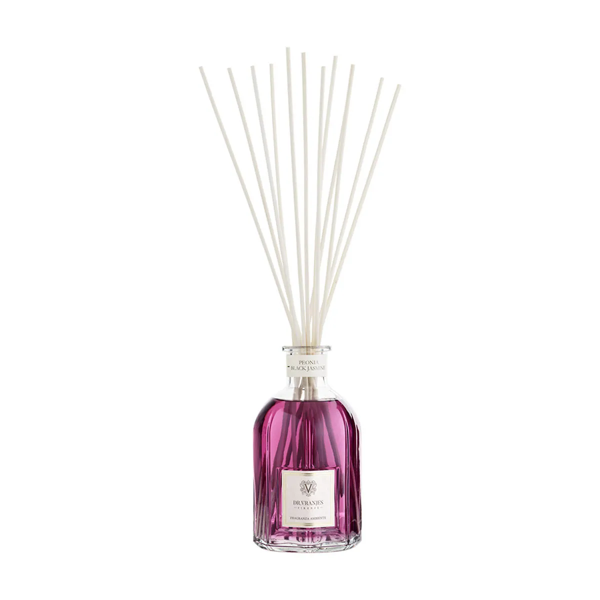 Dr.Vranjes Firenze Peonia Black Jasmine 500 ml Glass Bottle with White Rattan Sticks (Nr.12 - H.40)