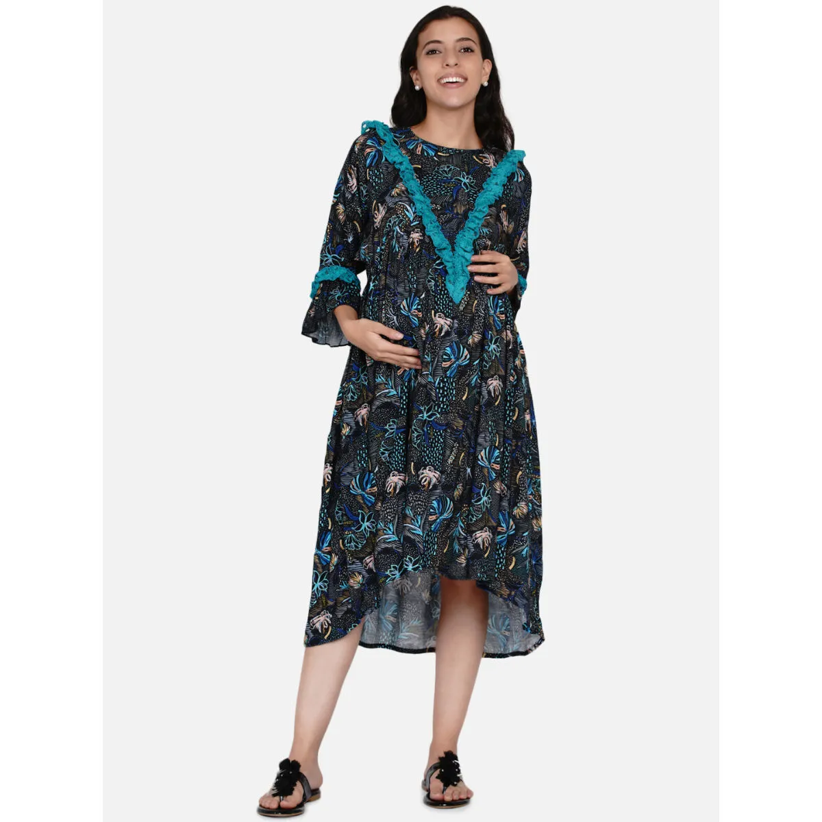 The Kaftan Company Navy Blue Floral Lacey Hi-Low Maternity And Nursing Dress Navy Blue (2XL)