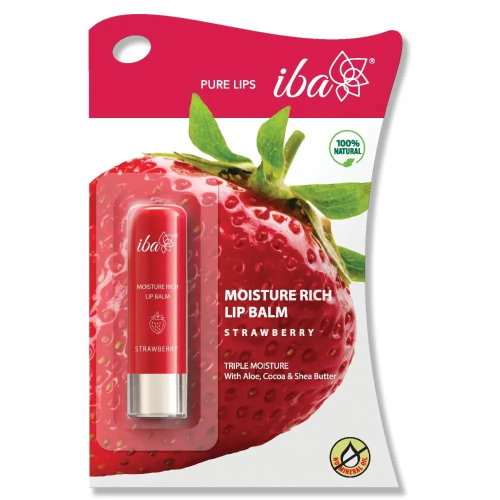 Iba Pure lips Moisture Rich Lip Balm - Strawberry, 4.5 g | For Pigmented, Dry Damaged & Chapped Lips | Enriched with Cocoa Butter, Shea Butter l Glossy Finish| 100% Natural, Vegan & Cruelty-Free