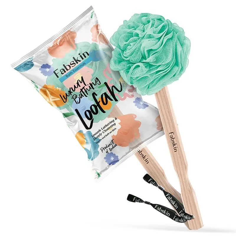 Fabskin Bath Brush Loofah For Men & Women With Wooden Handle Aqua Green