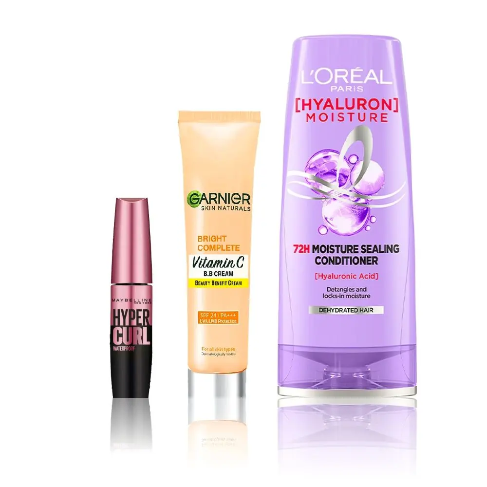 Maybelline x Garnier x L'Oreal Paris Picture Perfect Combo (Maybelline Hypercurl Mascara, Very Black (9.2g), Garnier Bright Complete BB Cream (30g), L'Oreal Paris Hyaluron Moisture Conditioner (180ml))