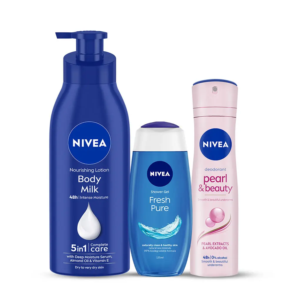 Nivea Nourishing lotion Body Milk (400 ml) NIVEA Fresh Pure Shower Gel (125 ml) NIVEA Deodorant Pearl & Beauty Women 150ml (Pack of 3)