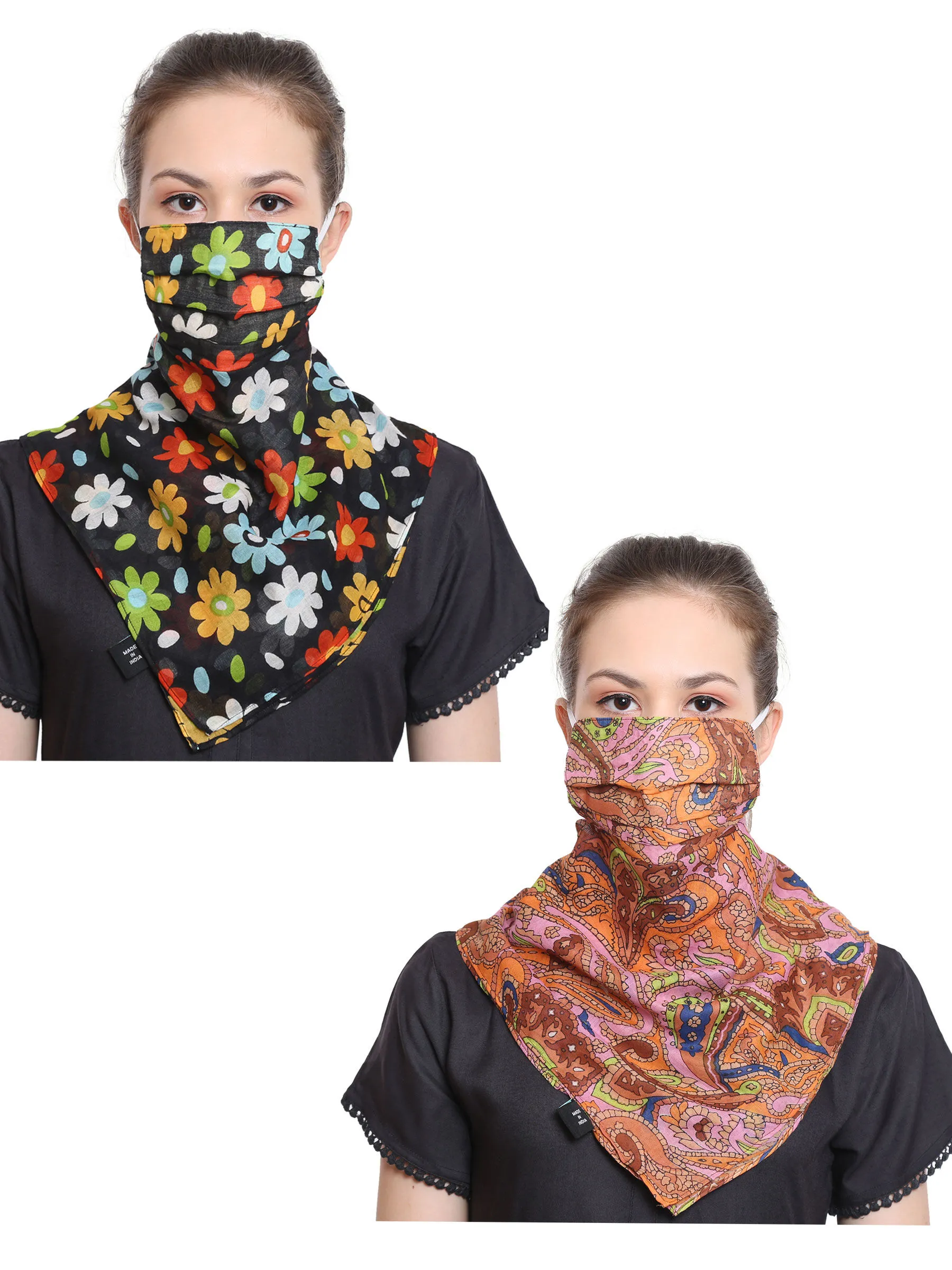 Anekaant Multicolor 3-Ply Reusable Printed Cotton Scarf Style Fashion Mask (Pack Of 2)