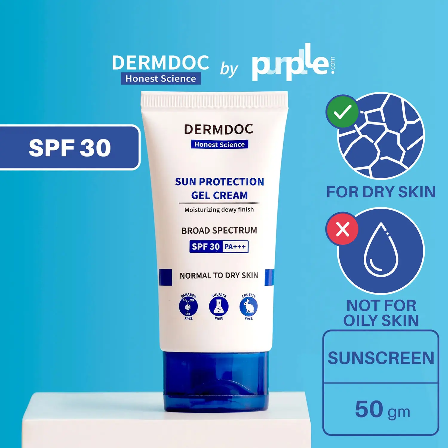 DERMDOC by Purplle UVA & UVB Broad Spectrum Sun Protection Gel Cream with SPF 30 & PA+++ | tan removal cream | sun damage | sunscreen for dry skin | water & sweat resistant sunscreen