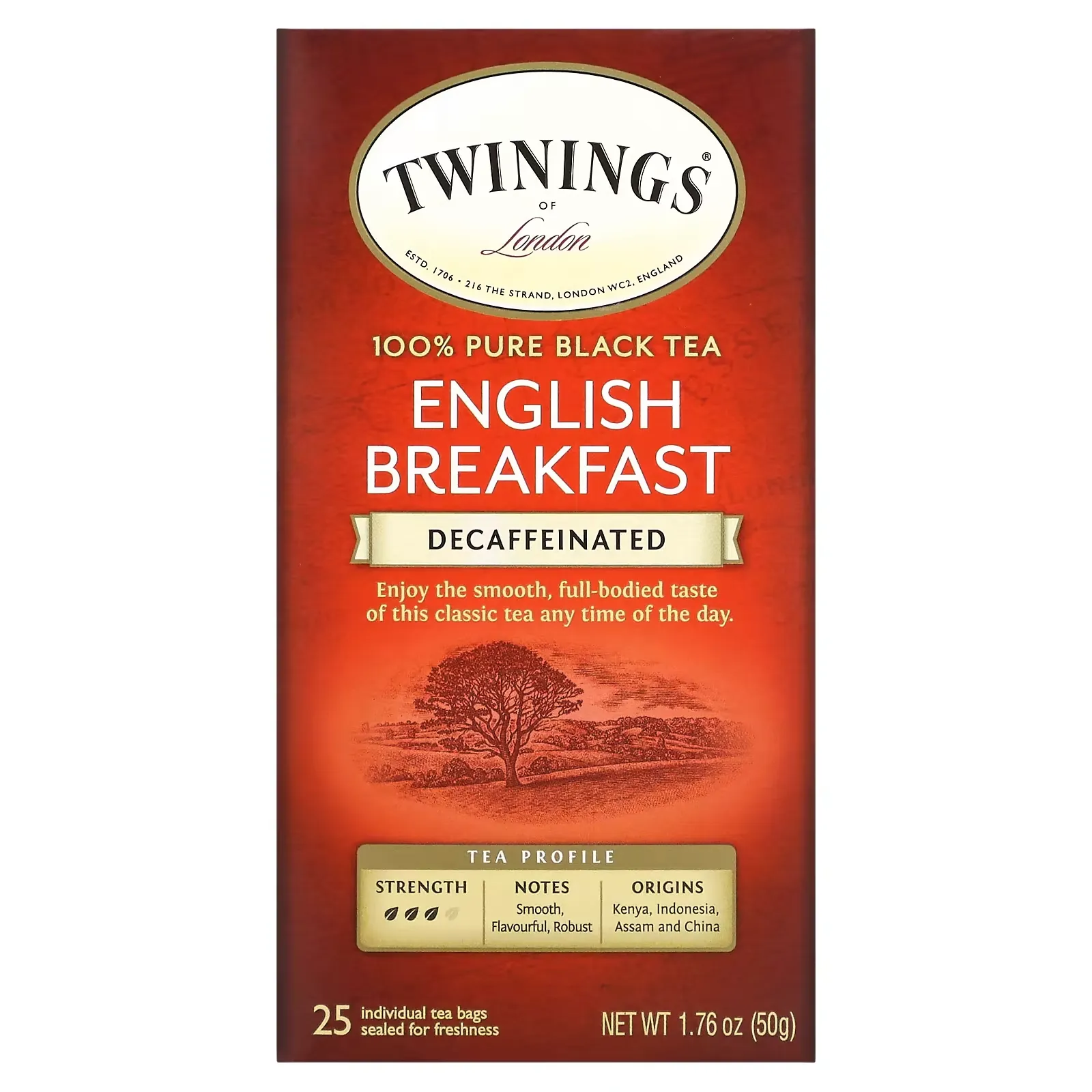 100% Pure Black Tea, English Breakfast, Decaffeinated, 25 Tea Bags, 1.76 oz (50 g)