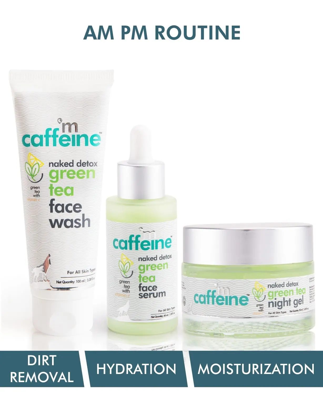 mCaffeine AM PM Routine | Dirt Removal, Hydration, Moisturization | Face Wash, Face Serum, Night Gel | All Skin | Paraben & SLS Free 190 ml