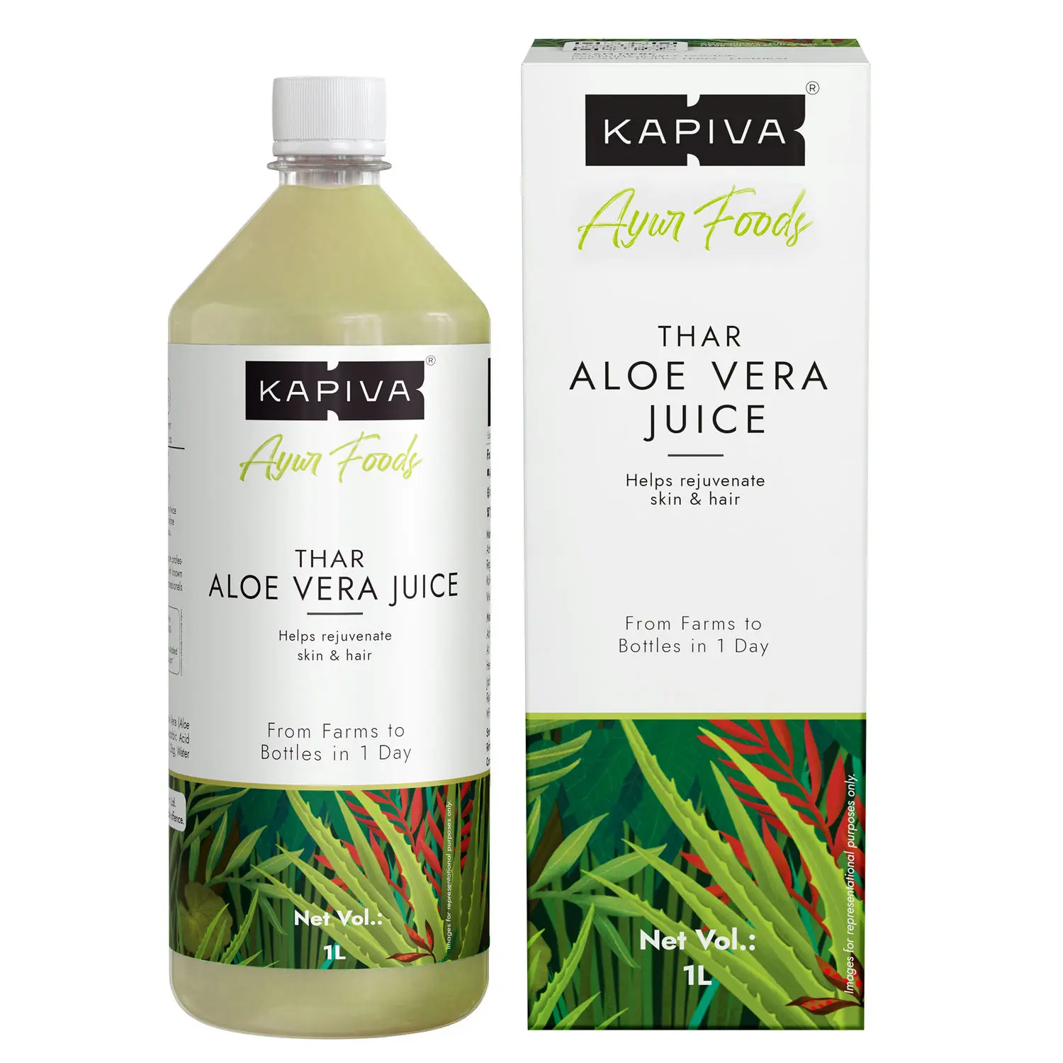 Kapiva Thar Aloe Vera Juice | Rejuvenates Skin And Hair | From Farms to Bottles in 1 Day| No Added Sugar, 1L