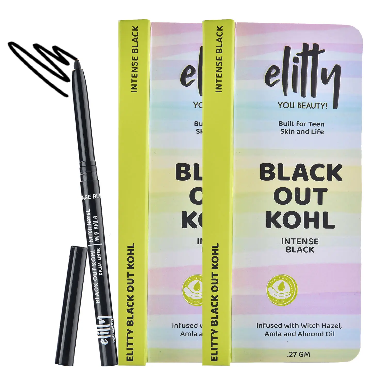 Elitty Black Out Kohl- Intense Black Kajal, Smudge Resistant, Fade Proof, Infused with Witch Hazel, Amla,Almond Oil, Vegan & Cruelty Free - .27 gm, Makeup for Teenagers Pack Of 2