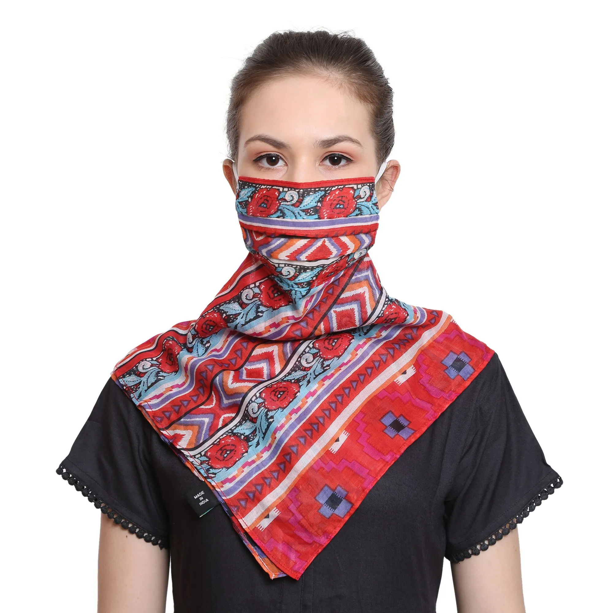 Anekaant 3-Ply Reusable Red & Multi Printed Cotton Scarf Style Fashion Mask