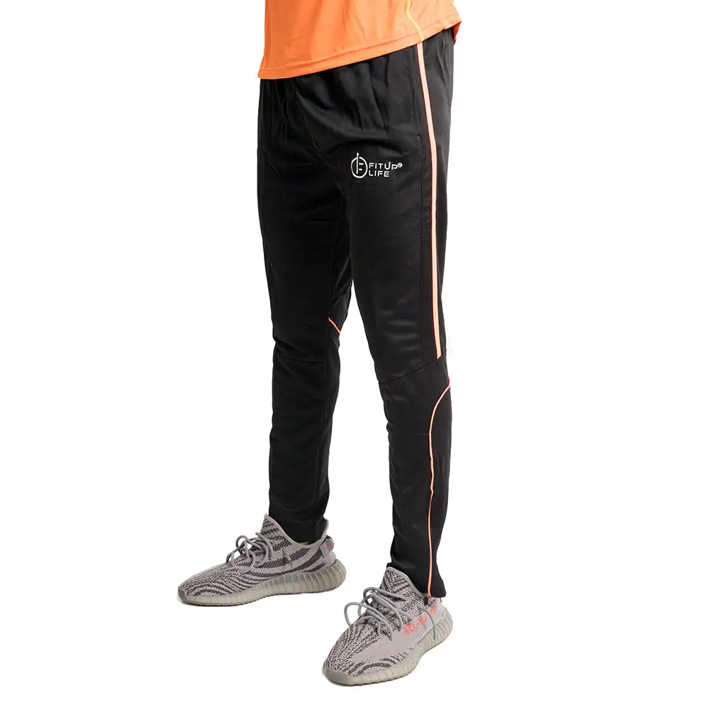 Fitup Life Solid Men Track Pants with Orange Strip,  Black  Small