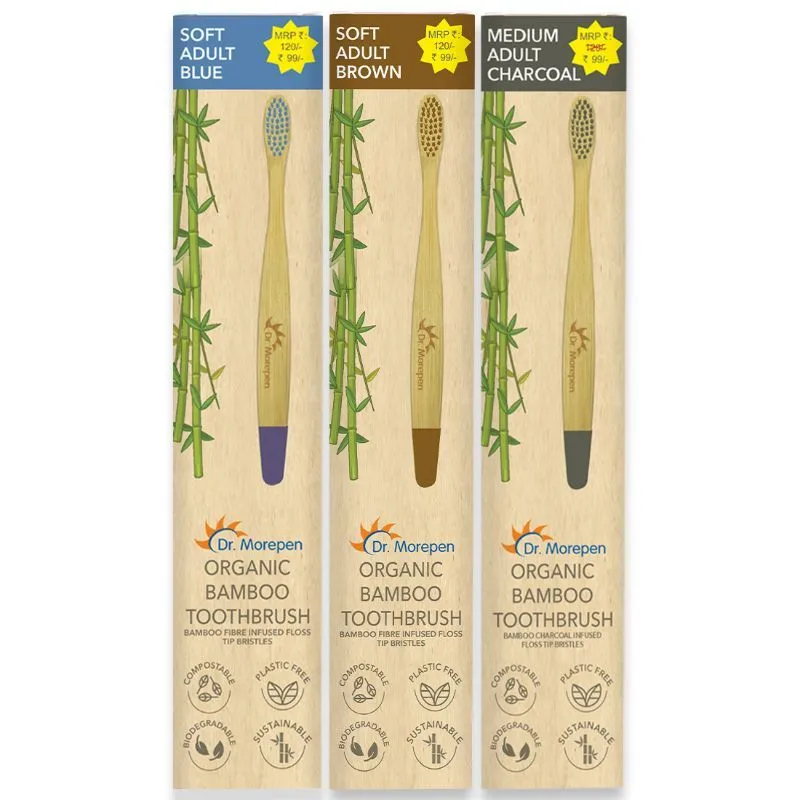 Dr. Morepen Organic Bamboo Toothbrush For Adults - Blue, Brown & Charcoal