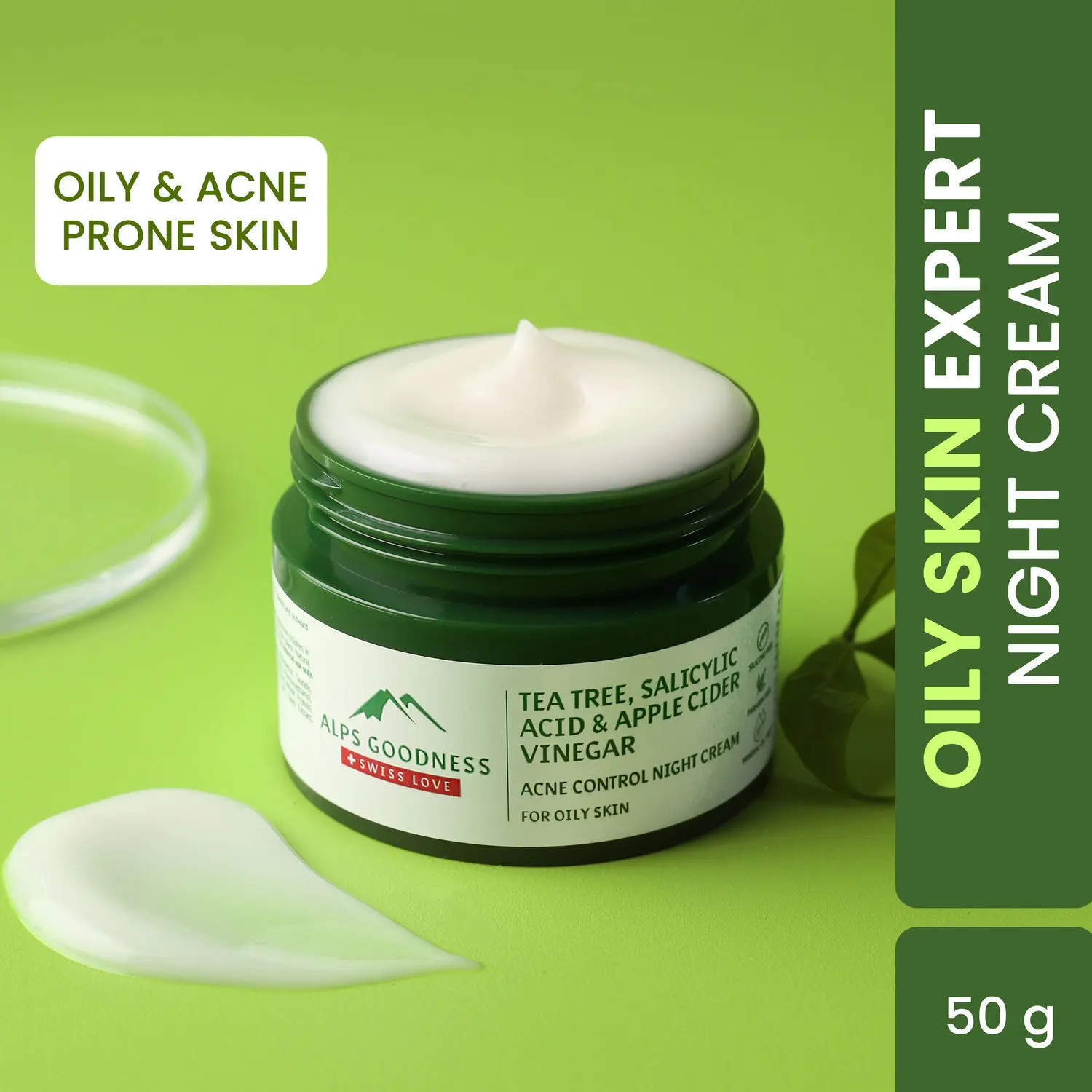 Alps Goodness Tea Tree Salicylic Acid & Apple Cider Vinegar Acne Control Night Cream for Oily Skin (50 g) |Moisturizer for Face| Moisturizer for Oily Skin | Oil Free Moisturizer | Acne Treatment Night Cream