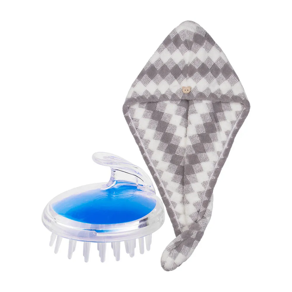 Streak Street Microfiber Hair Towel- Grey Diamond + Cobalt Blue Scalp Massager And Shampoo Brush