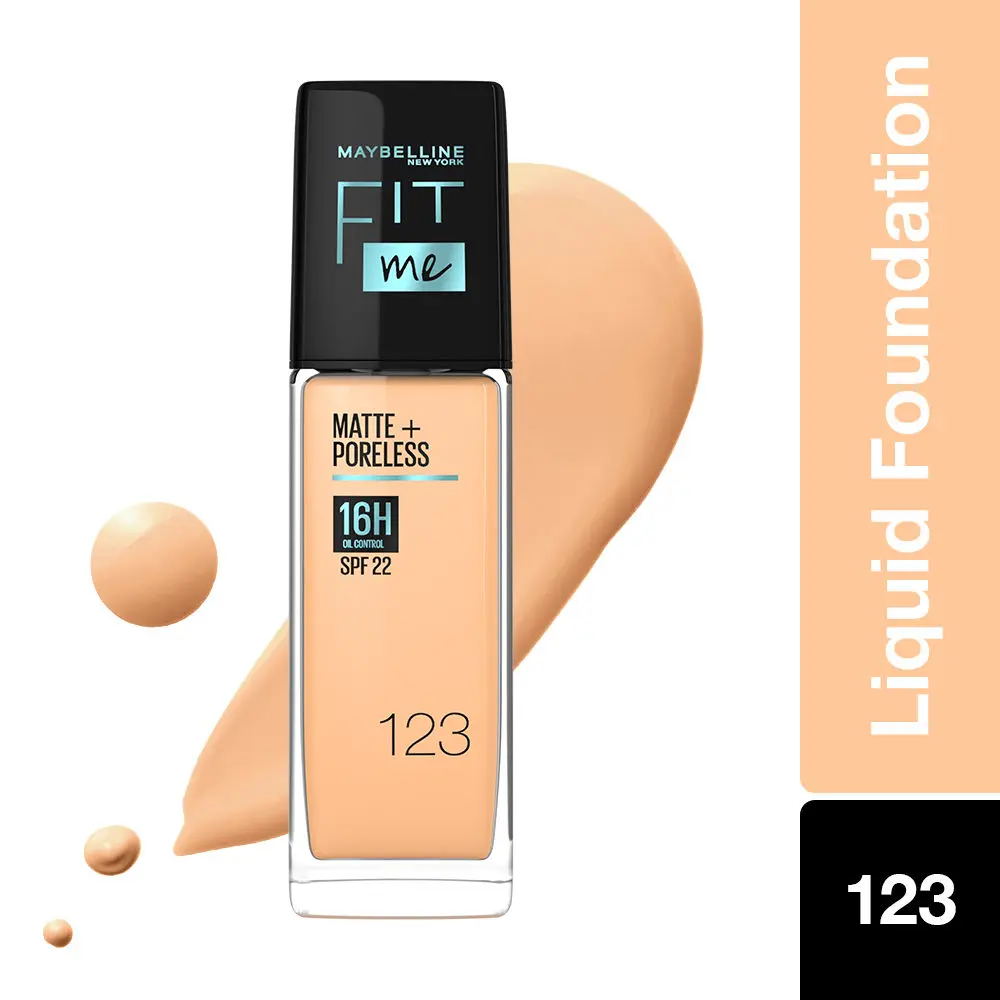 Maybelline New York Fit Me Matte+Poreless Liquid Foundation 123 - Soft Nude | Matte Finish with 16 HR Oil Control + SPF 22