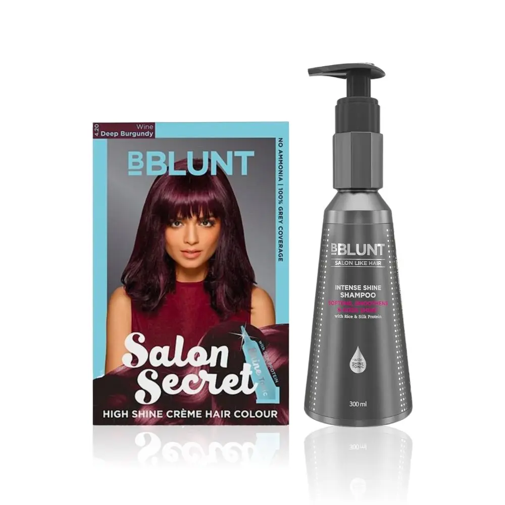 BBLUNT Salon Secret High Shine Creme Hair Colour - Wine Deep Burgundy 4.20. No Ammonia ( 100 g+8ml)+BBLUNT Intense Shine Shampoo with Rice & Silk Protein for 23X* Shinier Hair - 300 ml