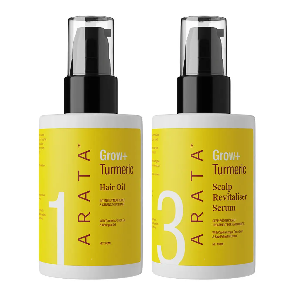 Arata Grow + Turmeric Range | Scalp Scrub (50 GM) & Scalp Revitaliser Serum ( 100 ML) | Powered By Capilia Longa– A Natural Active Ingredient | Boosts Hair Growth & Reduces Thinning