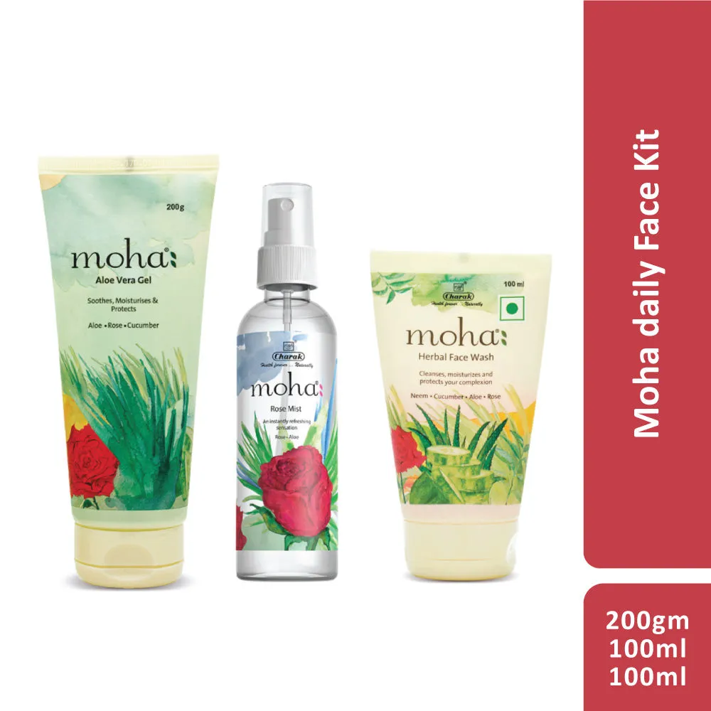 Moha Daily Face Kit - Rose Mist + Aloe Vera Gel + Face Wash