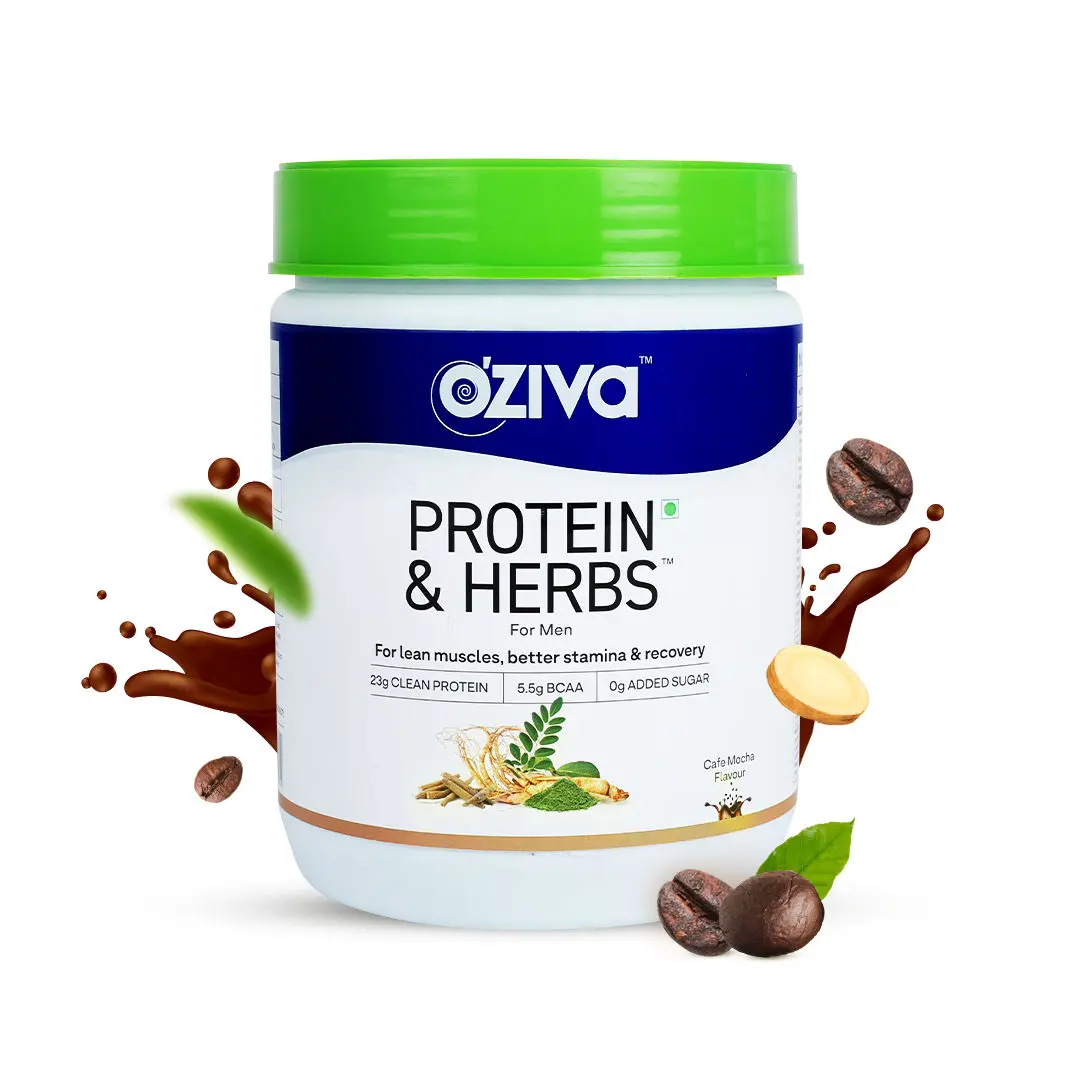 OZiva Protein & Herbs, Men (23g Whey Protein, 5.5g BCAA & Ayurvedic herbs like Ashwagandha, Chlorella & Musli) for Better Stamina & Lean Muscles, Cafe Mocha, 500g