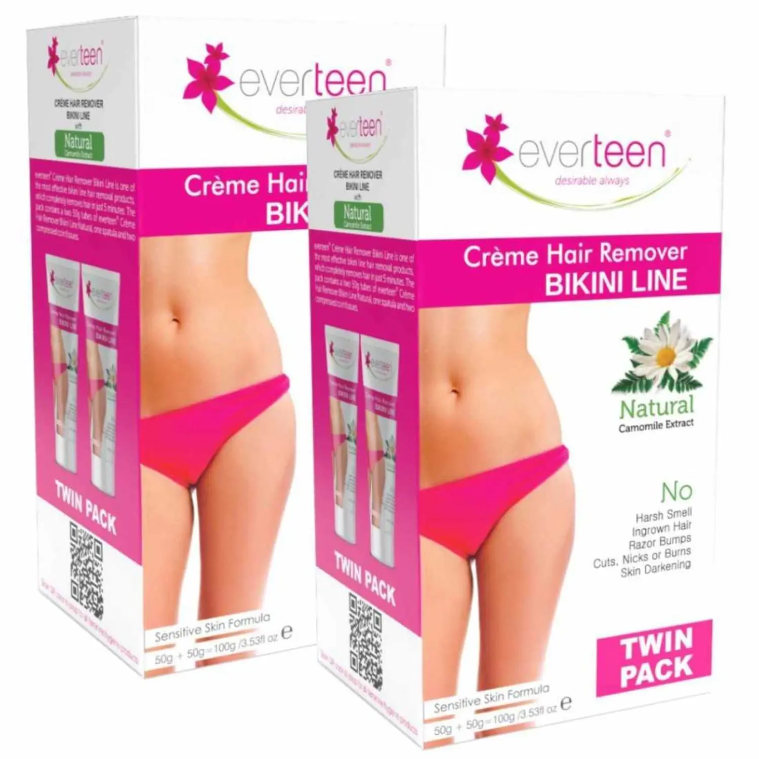 everteen 50g+50g Natural Bikini Line Hair Remover Cream for Women – 2 Twin Packs