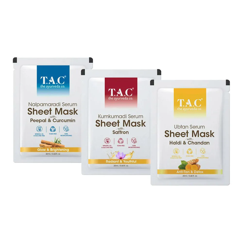 TAC - The Ayurveda Co. kumkumadi, Nalpamaradi & Ubtan Face Serum Sheet Mask - Pack Of 3