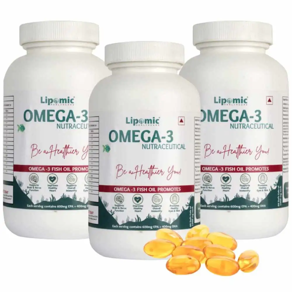 Lipomic Healthcare Omega-3 Fish Oil 1000mg (Pack of 3),  60 softgels