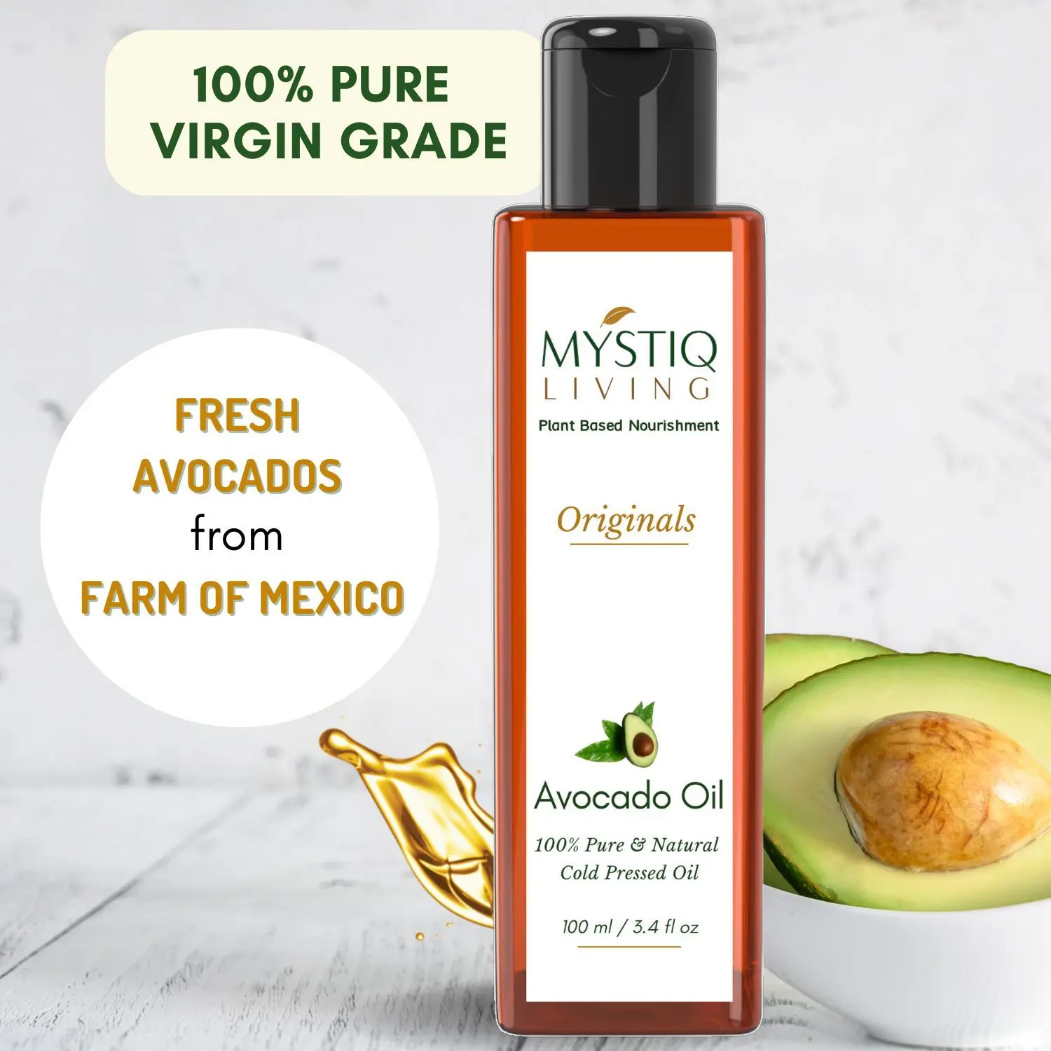 Mystiq Living Originals - Avocado Oil For Hair | Cold Pressed | 100% Pure & Natural - 100 ML