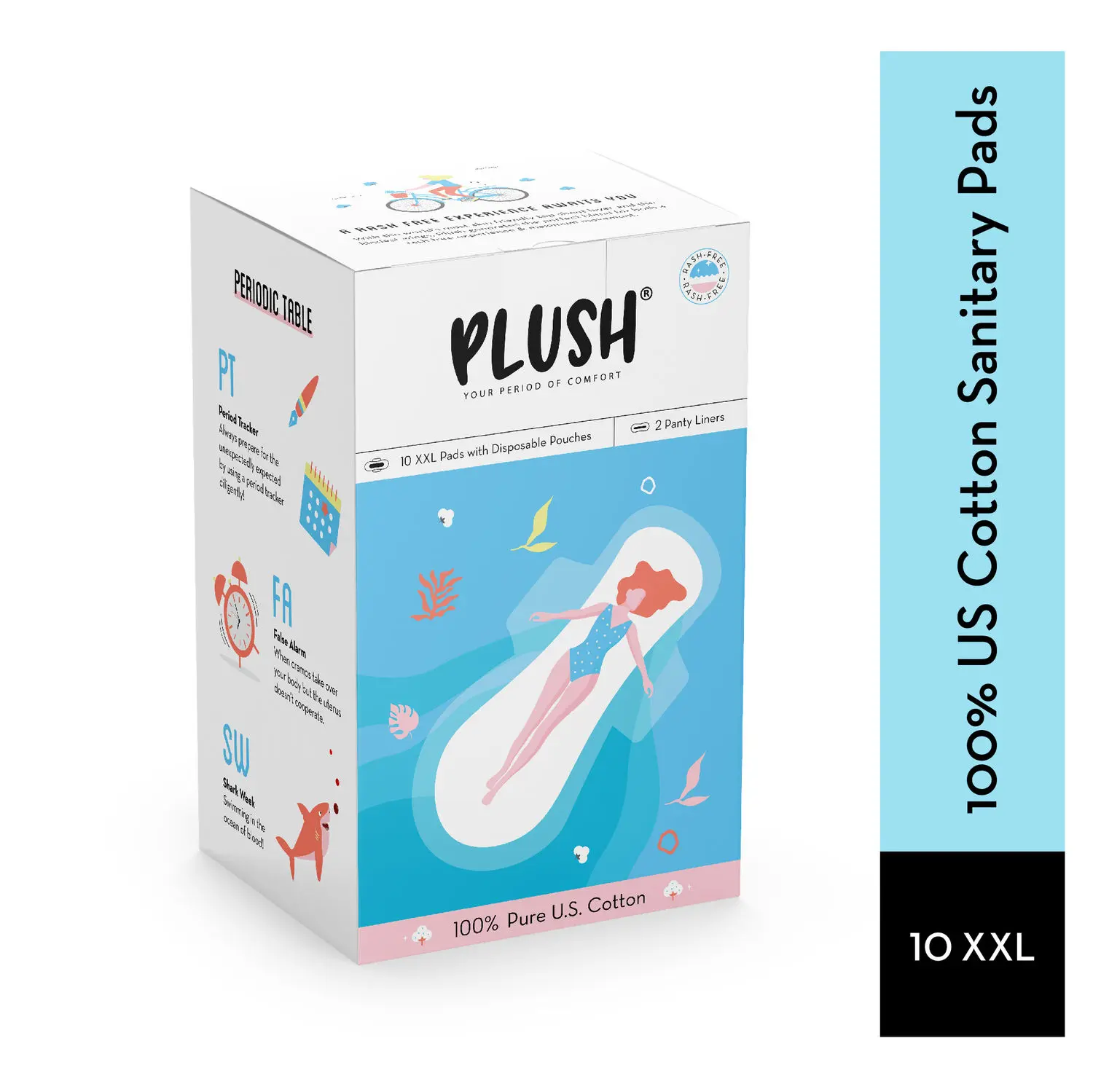 Plush 100% Pure US Cotton Ultra-Thin Rash Free Natural Sanitary Pads - 10 XXL pads with disposable pouches and 2 Panty liners