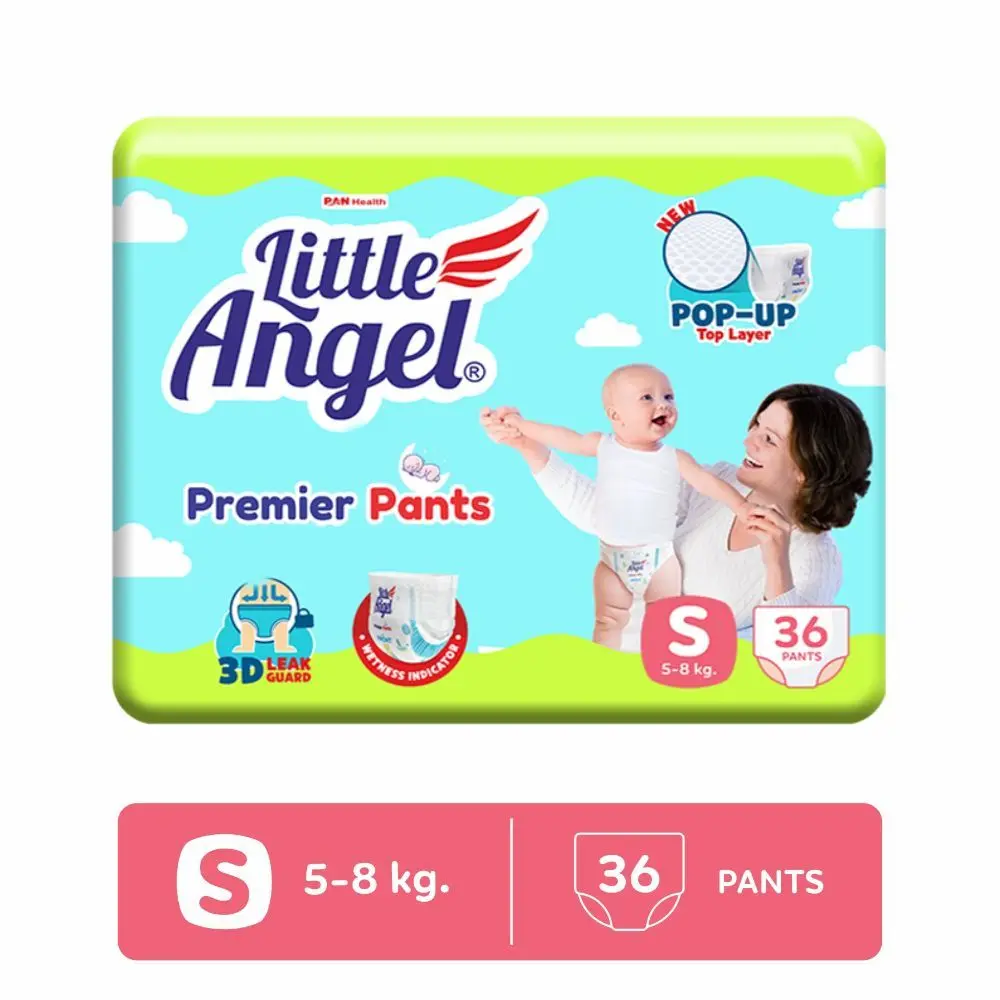 Little Angel Premier Pants Baby Diaper, Small (S) Size, 36 Count, Cottony Soft Material, Wetness Indicator, Breathable Layer, Extra Dry Core, Stretchable Sides, Pack of 1, 5-8 kgs