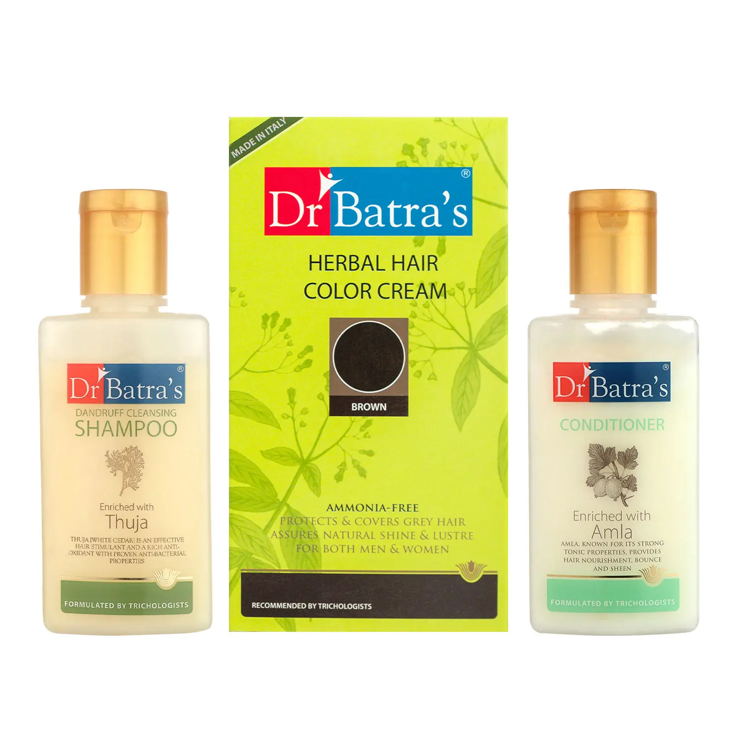 Dr Batra's Herbal Hair Color Cream- Brown, Dandruff Cleansing Shampoo - 100 ml and Conditioner - 100 ml (Pack of 3 Men and Women)