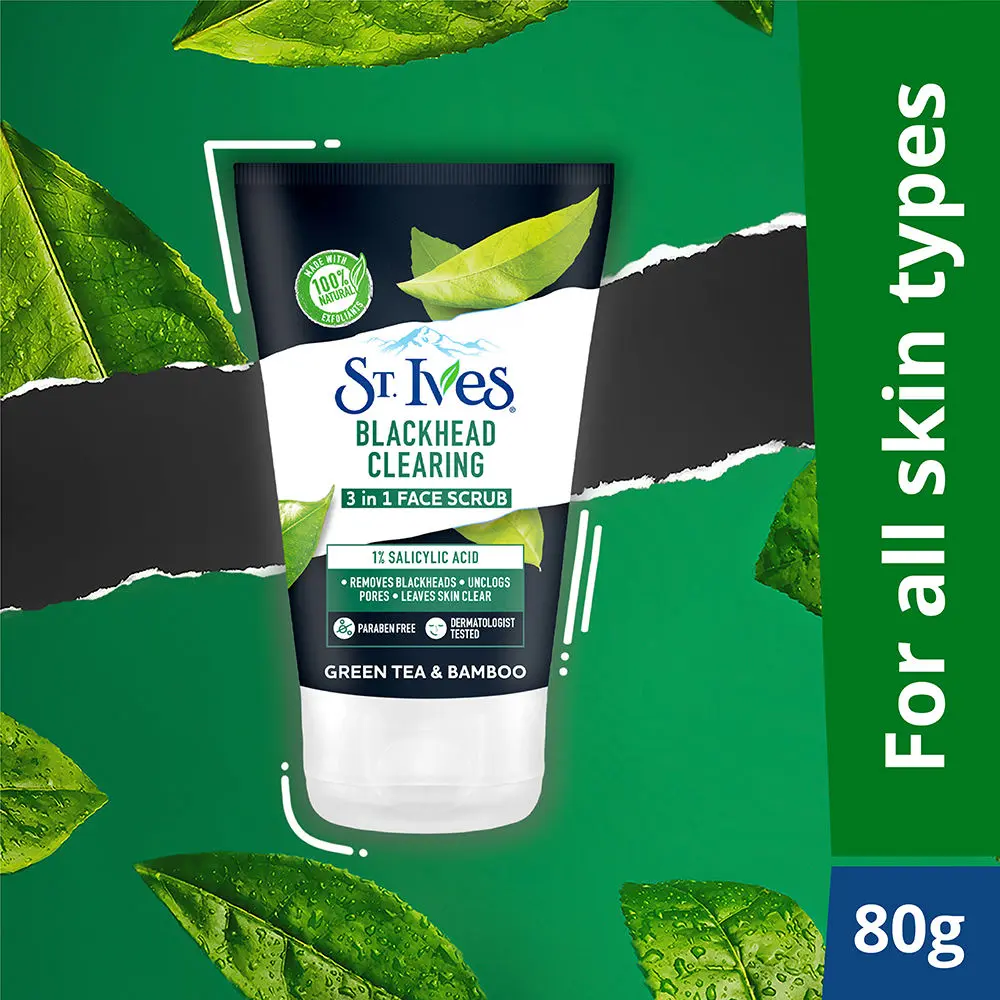 St Ives Green Tea & Bamboo Blackhead Clearing 3 in 1 Face Scrub with 100% Natural Exfoliants & 1% Salicylic Acid Unclogs Pores 80g