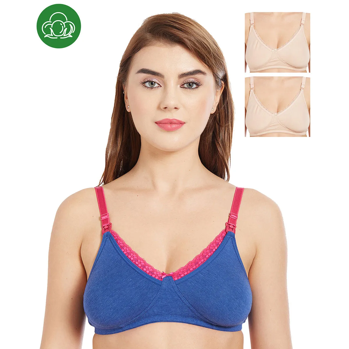 Inner Sense Organic Cotton Antimicrobial Laced Nursing Bra Pack of 3 - Multi-Color