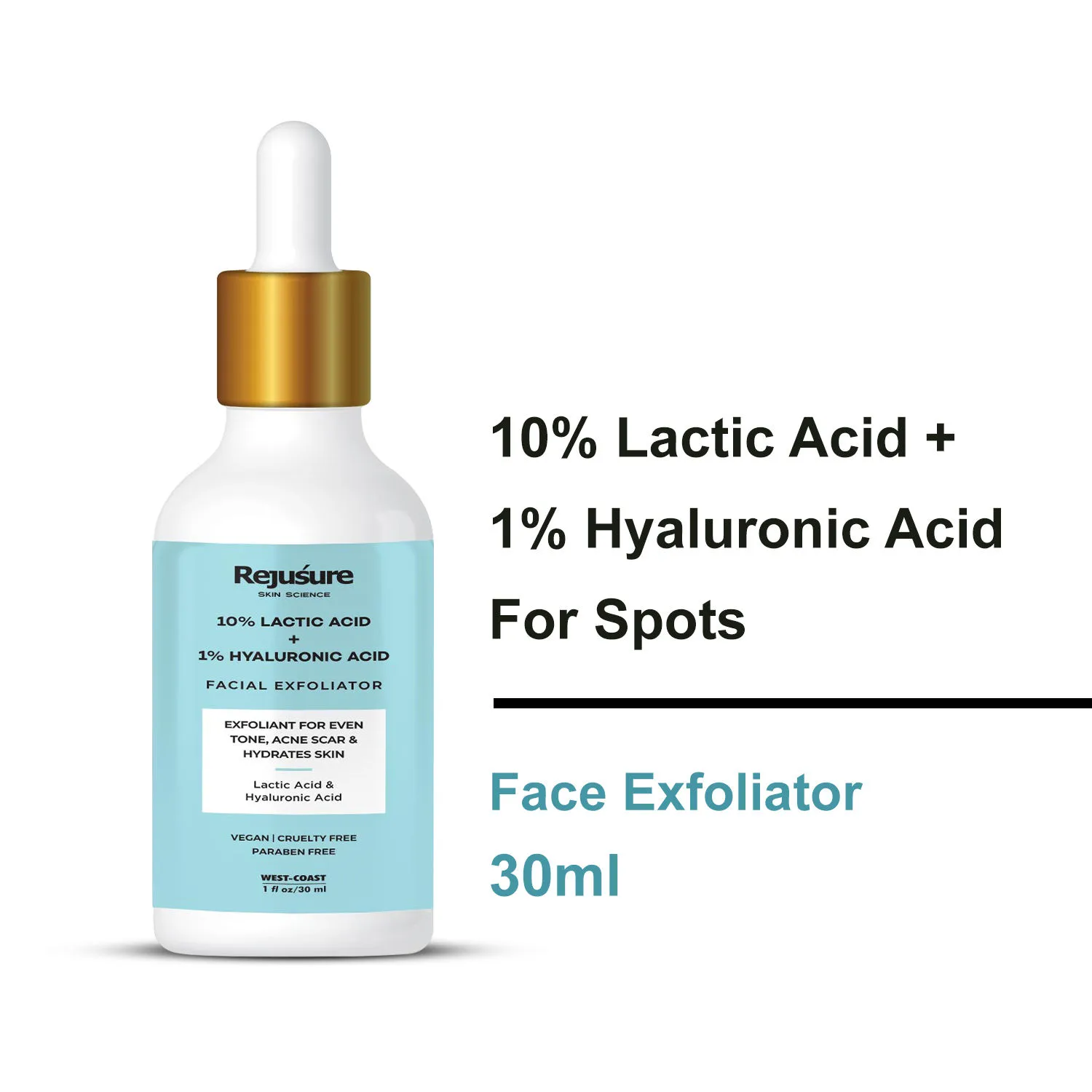 Rejusure Lactic Acid 10% + Hyaluronic Acid 1% Facial Exfoliator, Dry & Oily Skin