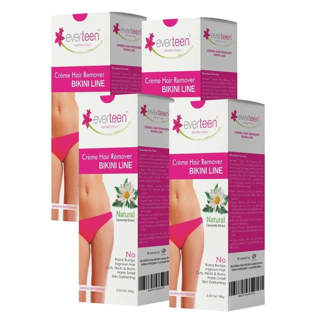 everteen NATURAL Hair Removal Cream with Chamomile for Bikini Line & Underarms in Women and Girls | No Harsh Smell, No Skin Darkening, No Rashes | 4 Pack 400g with Spatula and Coin Tissues