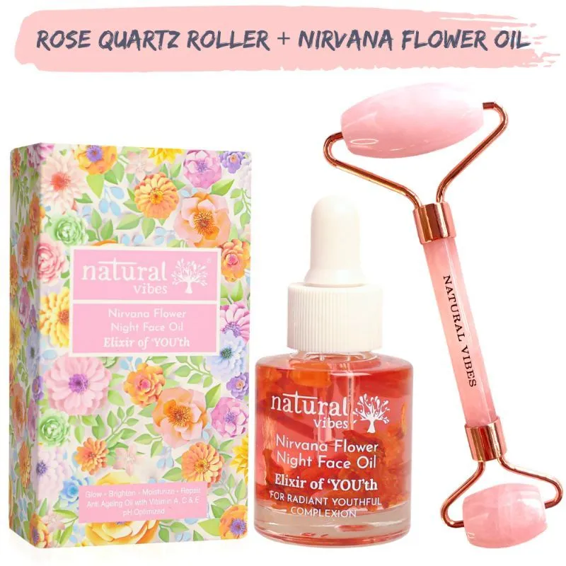 Natural Vibes Rose Quartz Face Roller + Nirvana Anti Ageing Flower Oil