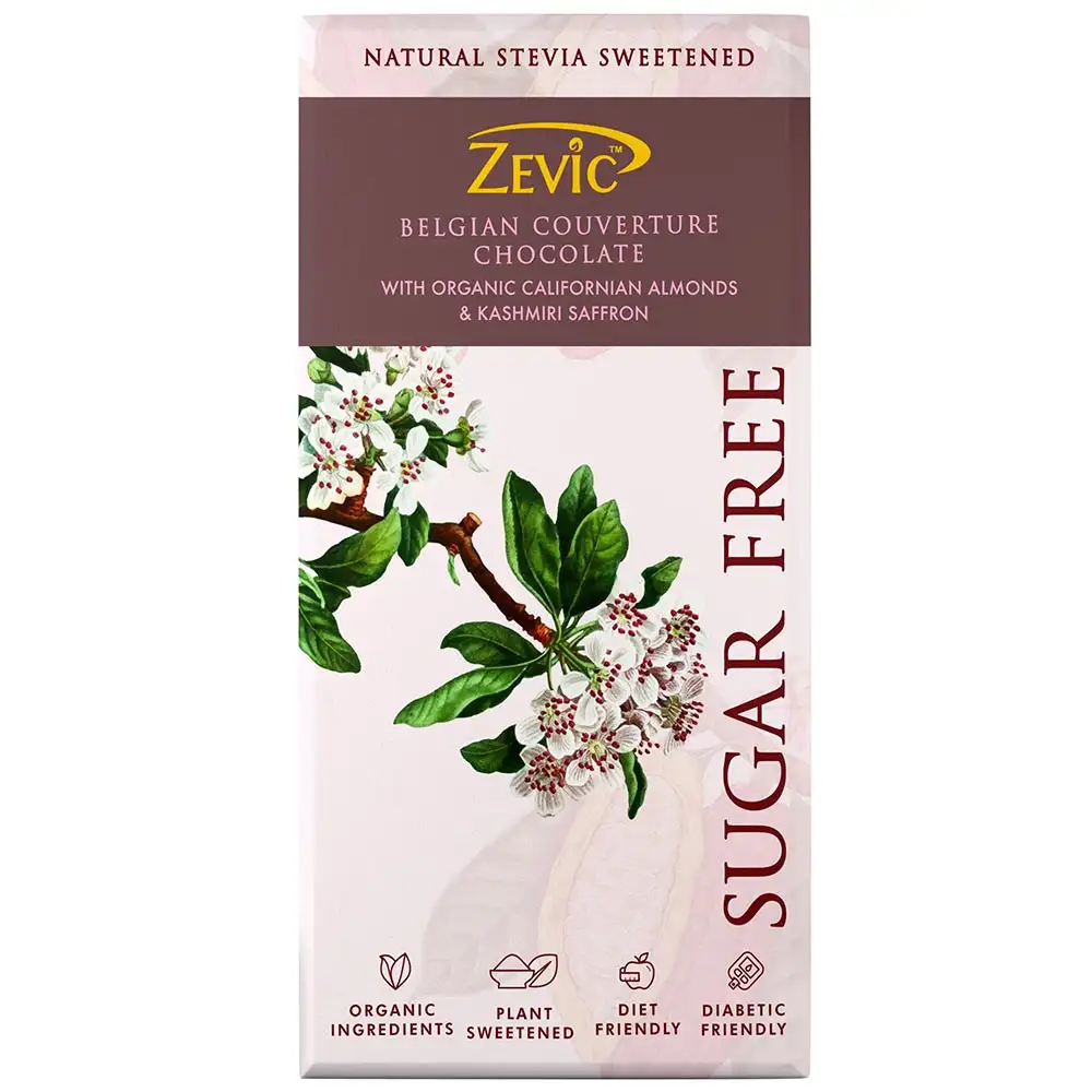 Zevic Dark Sugar Free Belgian Couverture Chocolate,  1 Piece(s)/Pack  with Organic Californian Almonds & Kashmiri Saffron