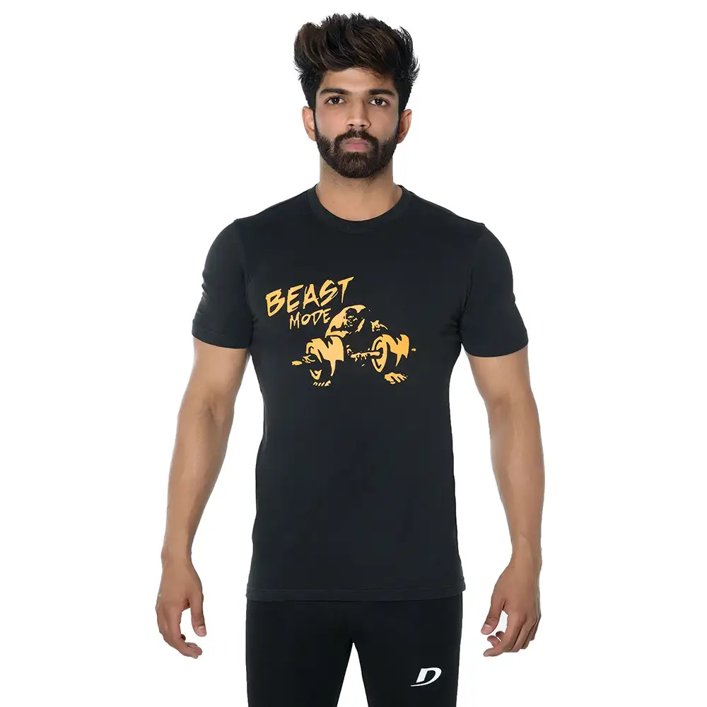 DK Active Wear Half Sleeve Gym T Shirt (Beast Mode),  Black and Yellow  XL