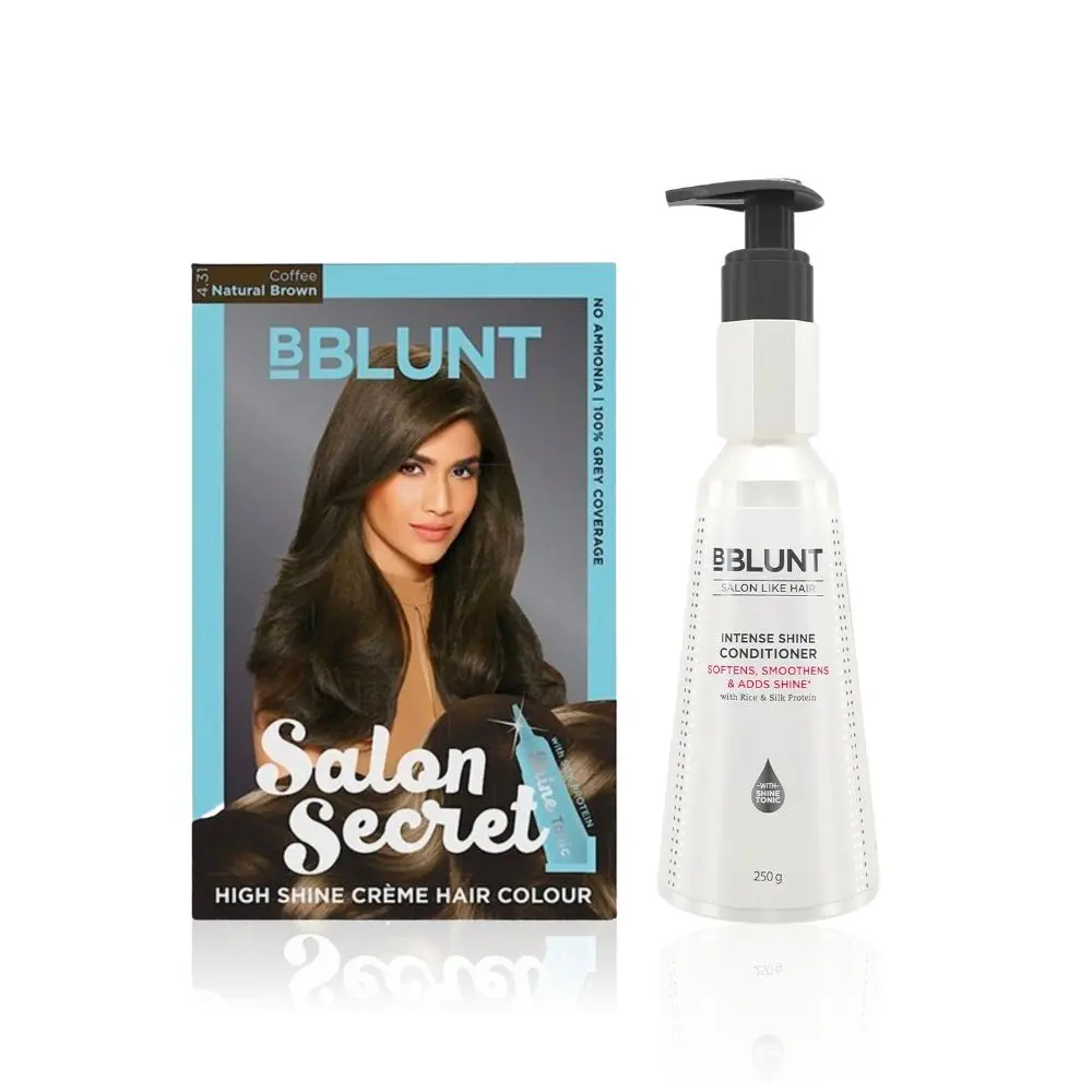 BBLUNT Salon Secret High Shine Creme Hair Colour Coffee Natural Brown 4.31 ( 100 g+8ml)+BBLUNT Intense Shine Conditioner with Rice & Silk Protein for Softer Smoother & Shinier Hair-250gm