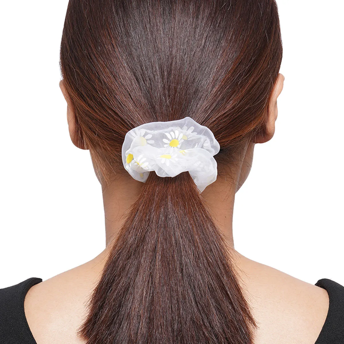 Toniq White Dainty Daisy Printed Organza Hair Scrunchy Rubber Band (OSXXIH14)