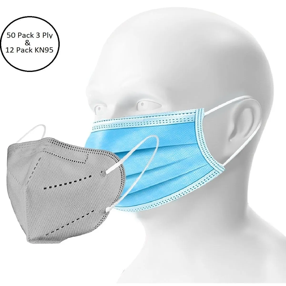 OOMPH Unisex Double Mask Set Of 50 Disposable & 12 KN95 / N95 Masks (Grey )